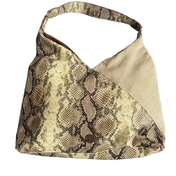 Ann Klein Canvas and Snake print faux leather hobo bag beige neutral tones - Picture 4 of 7